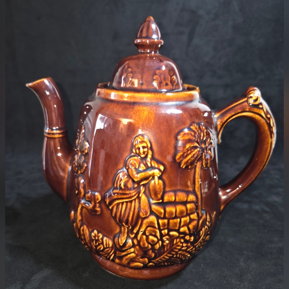 Rockingham Harker Rebekah At The Well 60's Handled Brown Glaze Teapot